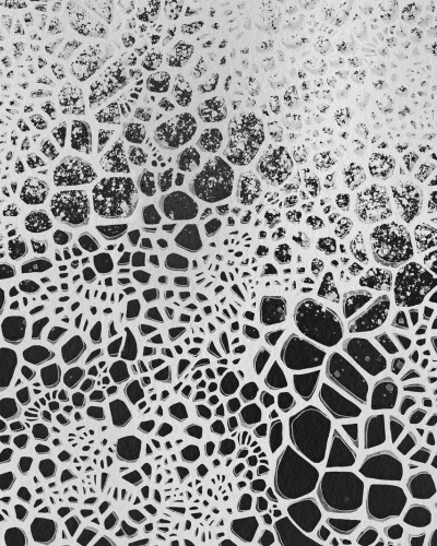 Tapet abstract modern cu design geometric in nuante de gri, alb si negru. Tapetul este aplicat pe un perete dintr-o sala de mese moderna.