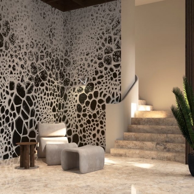 Tapet abstract modern cu design geometric in nuante de gri, alb si negru. Tapetul este aplicat pe un perete dintr-o sala de mese moderna.
