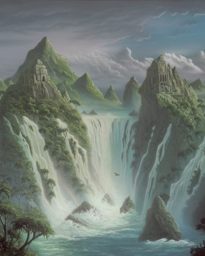 Tapet cu design Fantasy World, care prezintă un peisaj cu cascade, munți și o cascadă magnifică.