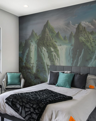 Tapet cu design Fantasy World, care prezintă un peisaj cu cascade, munți și o cascadă magnifică.