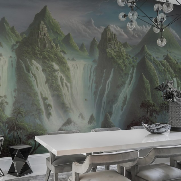 Tapet cu design Fantasy World, care prezintă un peisaj cu cascade, munți și o cascadă magnifică.