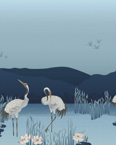 Tapet 3D cu macarale albe pe un fundal albastru cu un peisaj din Hokkaido