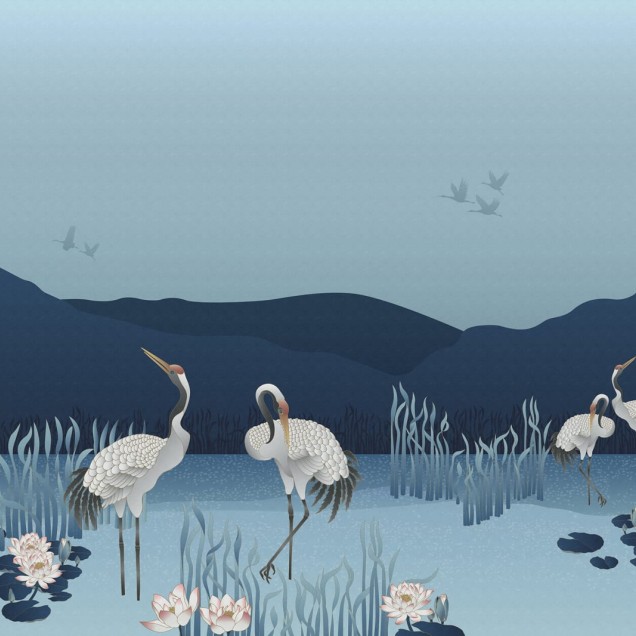 Tapet 3D cu macarale albe pe un fundal albastru cu un peisaj din Hokkaido