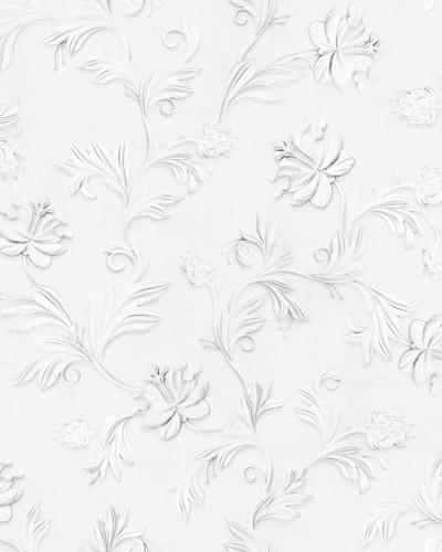 Imagine cu un wallpaper 3D cu un model subtil de flori, în stil minimalist și elegant. Este folosit într-un dormitor amenajat cu mobilier modern.
