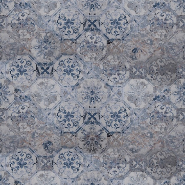 Tapet cu un design unic, inspirat din plăcile de faianță tradiționale. Oferă un aspect vintage și elegant, cu o combinație unică de culori albastru și gri.