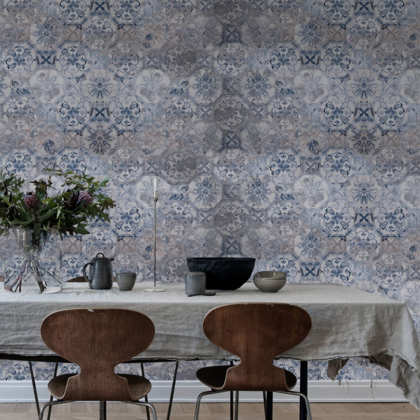 Tapet Qatar Sage, cu design floral vintage, în nuanțe de verde, în dormitor