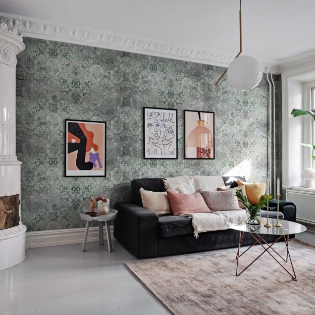 Tapet Qatar Sage, cu design floral vintage, în nuanțe de verde, în dormitor
