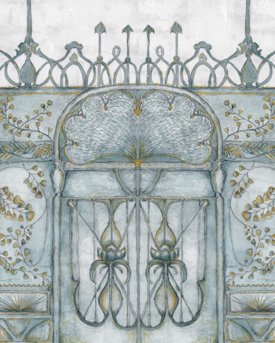 Tapet 3D Catalonia cu design eclectic, influențe Art Nouveau, într-un interior elegant cu canapea maro și covor alb