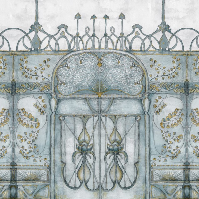 Tapet 3D Catalonia cu design eclectic, influențe Art Nouveau, într-un interior elegant cu canapea maro și covor alb