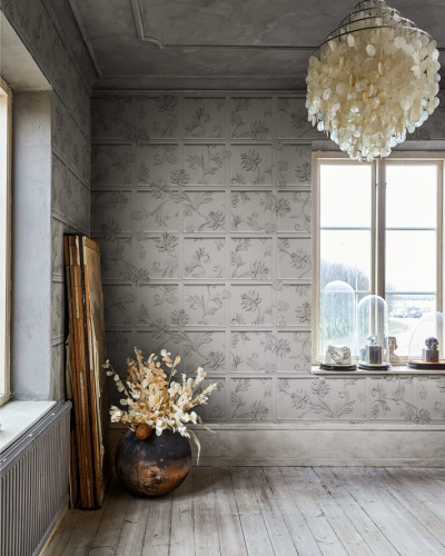 Tapet Winchester, Pearl, cu design de panouri și flori delicate, în nuanțe de gri
