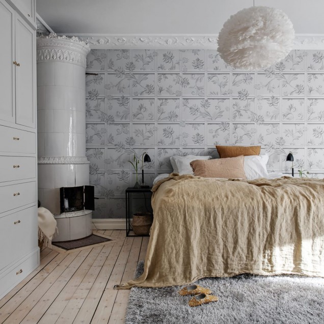 Tapet Winchester, Pearl, cu design de panouri și flori delicate, în nuanțe de gri