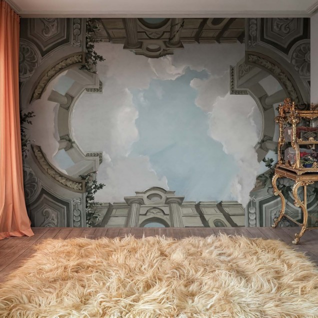 Tapet Lucca, Cloud, cu design unic, ilustrează un cer senin cu nori albi, aflat sub un bolou magnific.