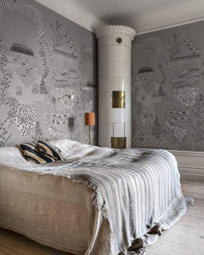 Tapet cu design modern gri cu elemente negre pe un fundal gri.
