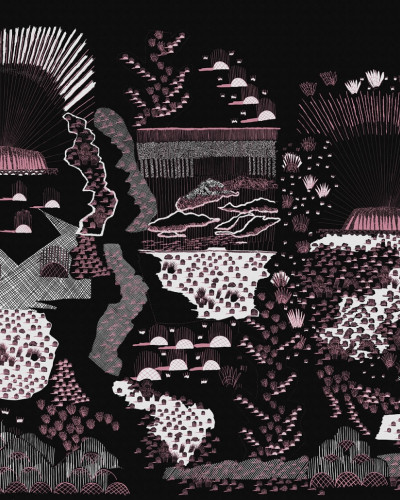 Tapet cu design abstract, cu accente roz și fundal negru, inspirat de peisajul din jurul Ayers Rock.