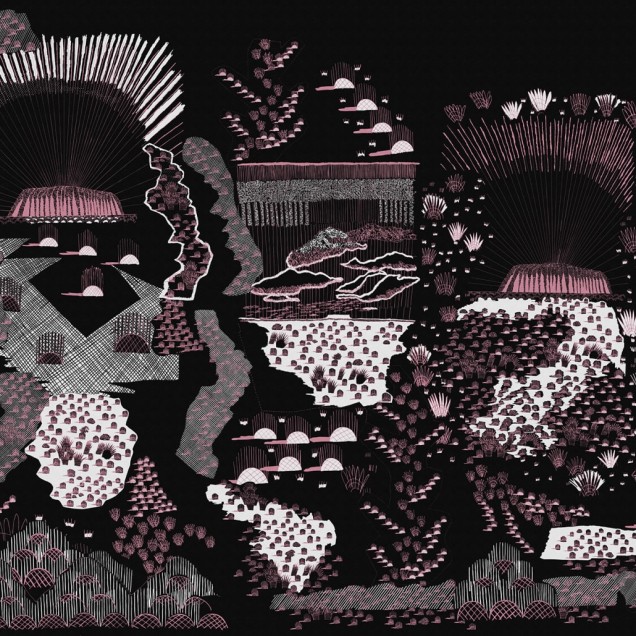 Tapet cu design abstract, cu accente roz și fundal negru, inspirat de peisajul din jurul Ayers Rock.