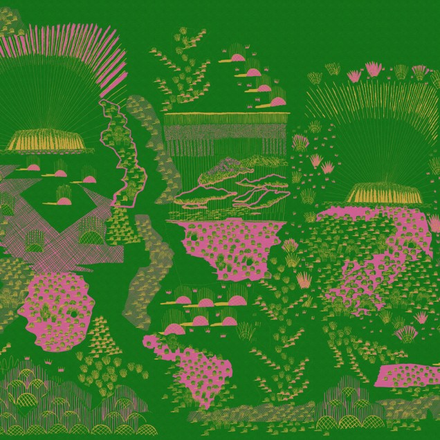 Tapetul Ayers Rock, Grass, un design abstract modern in nuante de verde, galben si roz de la Rebel Walls.