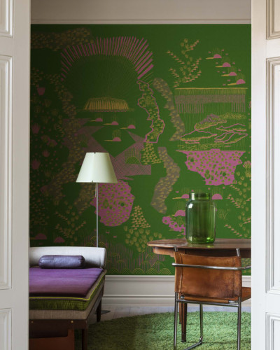 Tapetul Ayers Rock, Grass, un design abstract modern in nuante de verde, galben si roz de la Rebel Walls.