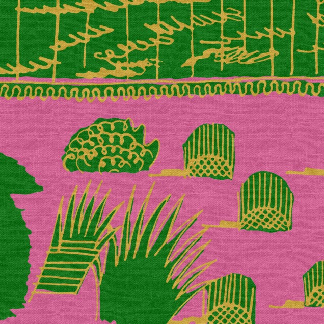 Tapetul Ayers Rock, Grass, un design abstract modern in nuante de verde, galben si roz de la Rebel Walls.