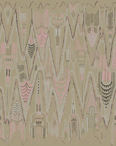 Tapet cu design geometric, Manhattan Sandstone, in nuante neutre, cu influențe arhitecturale, intr-un interior modern.