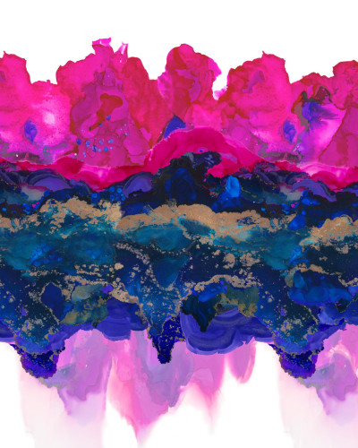 Tapet abstract magenta cu accente aurii, decorat cu flori în nuanțe de magenta și albastru închis.
