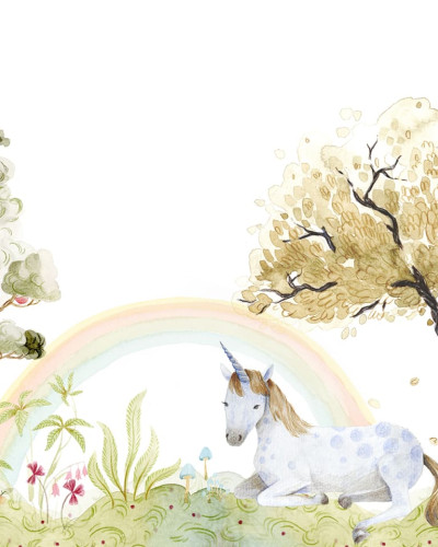 Tapet cu un unicorn, copaci cu fructe și un curcubeu