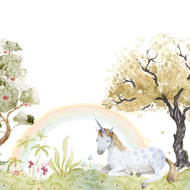 Tapet cu un unicorn, copaci cu fructe și un curcubeu