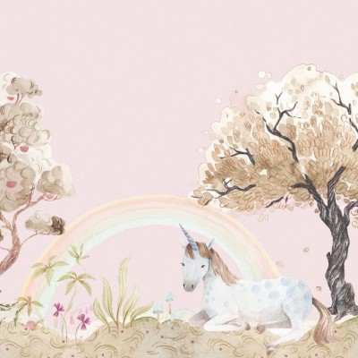 Tapet pentru copii cu unicorn, curcubeu si un copac cu flori roz