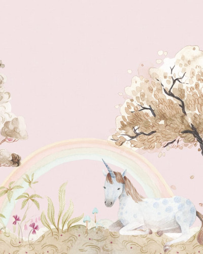 Tapet pentru copii cu unicorn, curcubeu si un copac cu flori roz