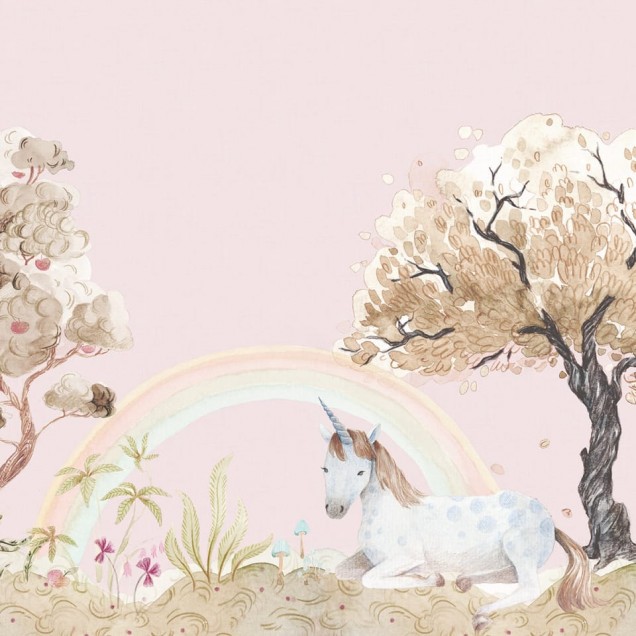 Tapet pentru copii cu unicorn, curcubeu si un copac cu flori roz
