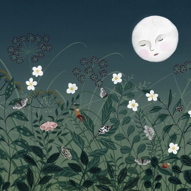 Tapet pentru copii Pixie, Night cu motive florale și o lună adormită