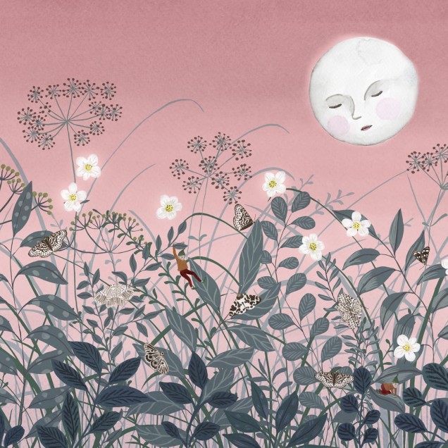 Decor de perete cu fluturi, flori albe si luna, pentru camera copiilor