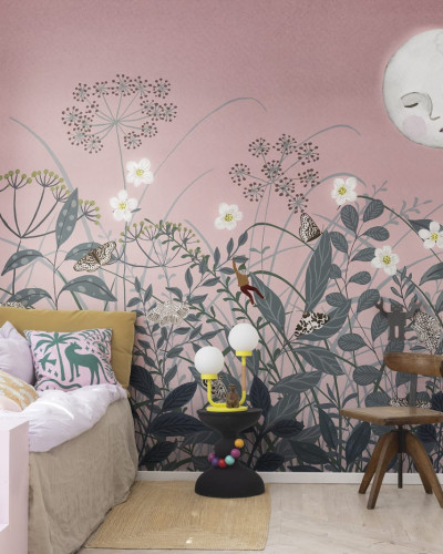 Decor de perete cu fluturi, flori albe si luna, pentru camera copiilor
