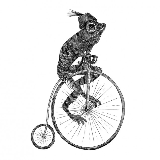 Un tapet cu o ilustrație monocromă a unui Franky călare pe o bicicletă cu o roată.