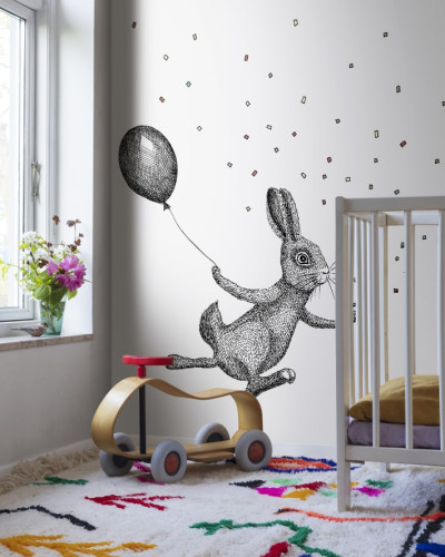 Tapet cu un iepuraș care zboară cu un balon