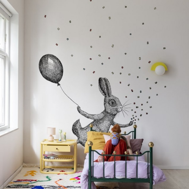 Tapet cu un iepuraș care zboară cu un balon