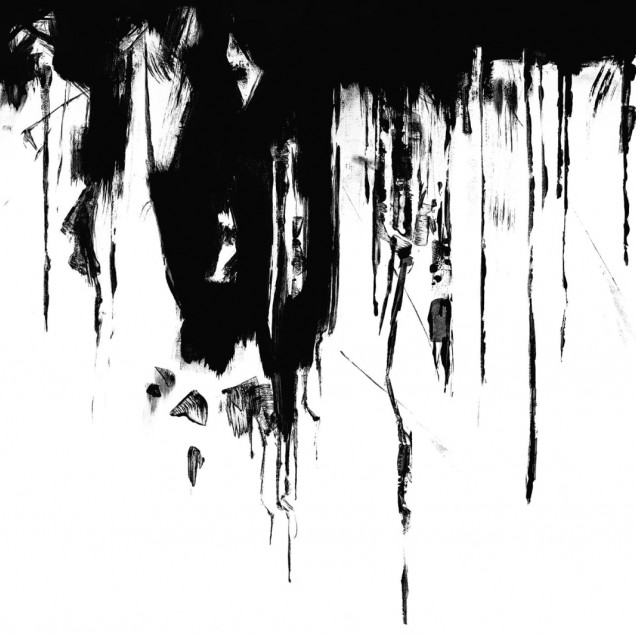Tapet abstract Direction, Graphite, cu accente de negru pe fundal alb, în decorul unei bucătării moderne.