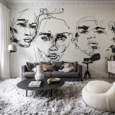 Tapet cu design minimalist, cu linii fine, reprezentând fețe în negru pe un fundal alb.
