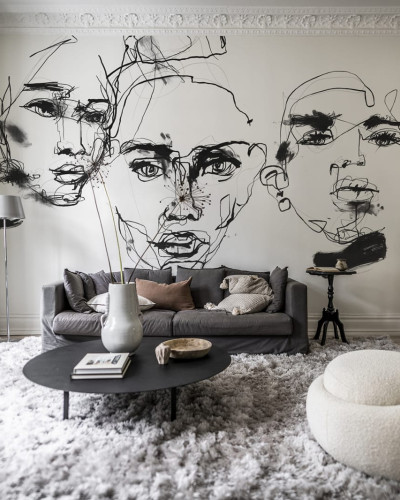Tapet cu design minimalist, cu linii fine, reprezentând fețe în negru pe un fundal alb.