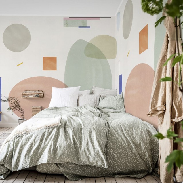 Tapet geometric abstract cu culori pastelate, perfect pentru a crea un punct focal în living, dormitor sau birou.