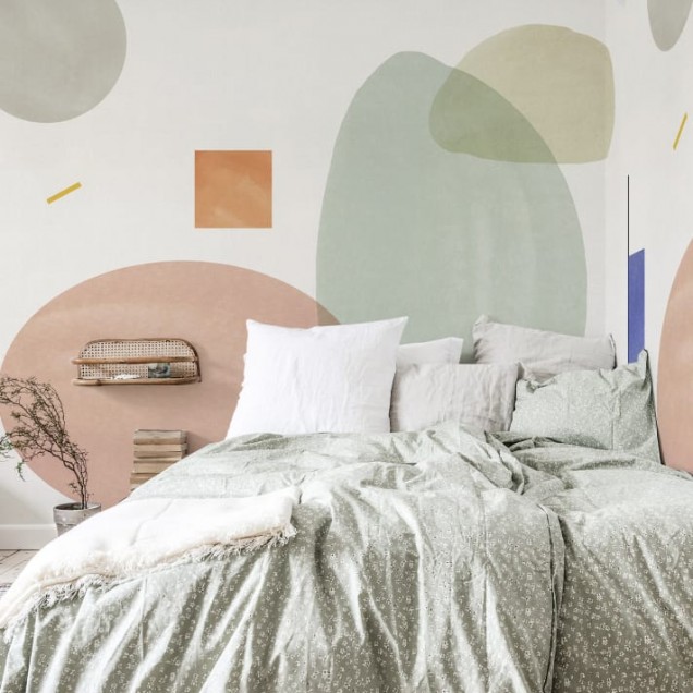 Tapet geometric abstract cu culori pastelate, perfect pentru a crea un punct focal în living, dormitor sau birou.