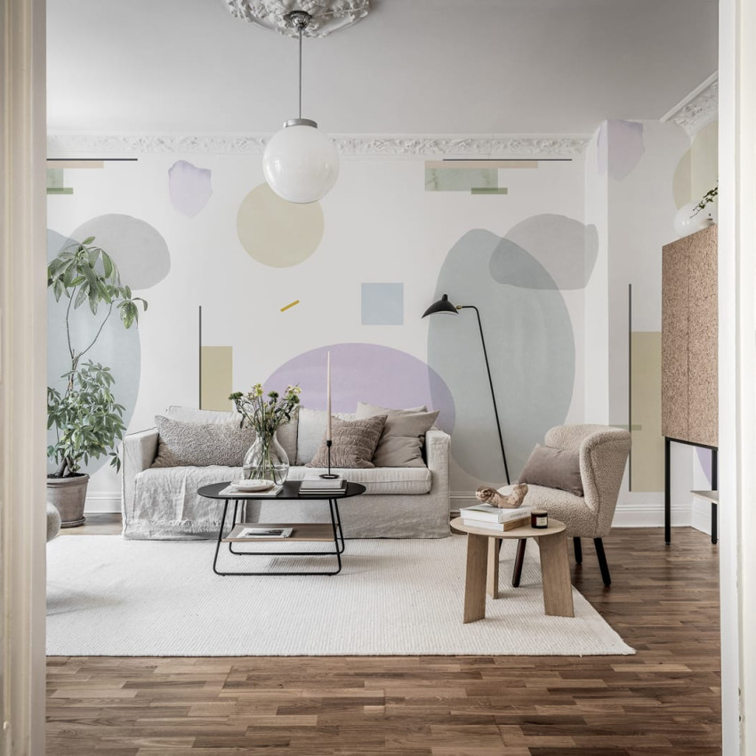 Tapet geometric abstract cu culori pastelate, perfect pentru a crea un punct focal în living, dormitor sau birou.