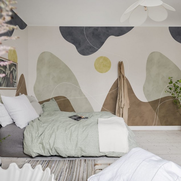 Tapet modern cu forme organice și culori naturale, perfect pentru living, dormitor sau birou.