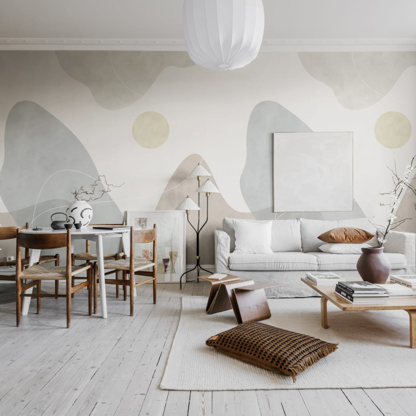 Tapet Terrain, Verde, cu design abstract modern, forme organice și culori neutre. Tapetul este perfect pentru un look calm și elegant.