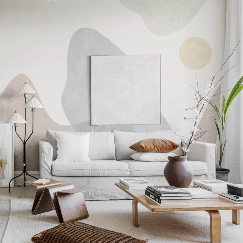 Tapet Terrain, Verde, cu design abstract modern, forme organice și culori neutre. Tapetul este perfect pentru un look calm și elegant.