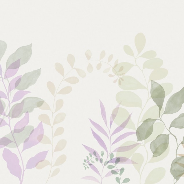 Tapet cu frunze delicate în nuanțe de liliac și verde, în design minimalist.