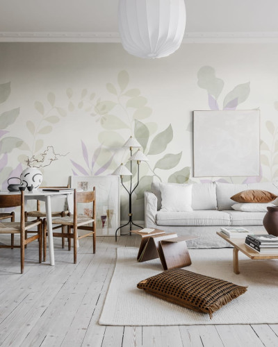 Tapet cu frunze delicate în nuanțe de liliac și verde, în design minimalist.