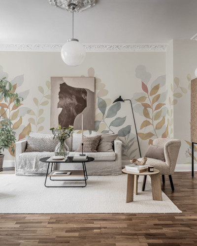 Fototapet cu design frunze stilizate în living