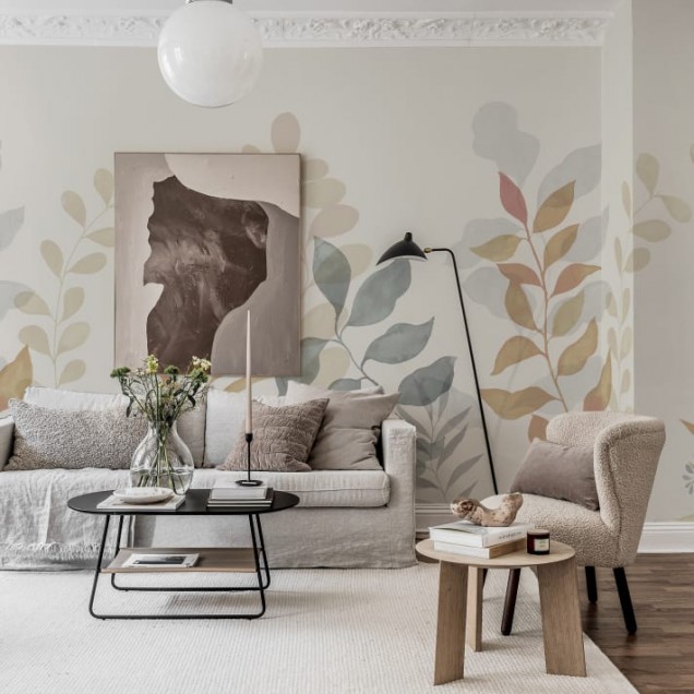 Fototapet cu design frunze stilizate în living