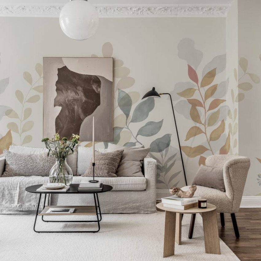 Tapet cu frunze delicate în nuanțe de liliac și verde, în design minimalist.
