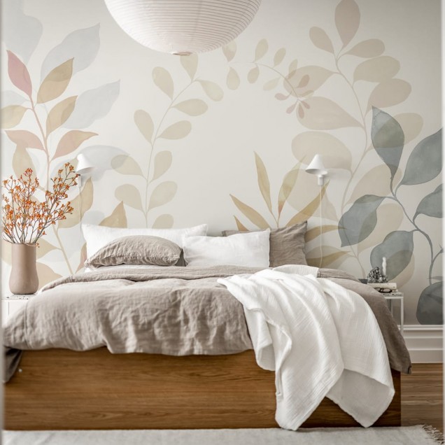 Fototapet cu design frunze stilizate în living